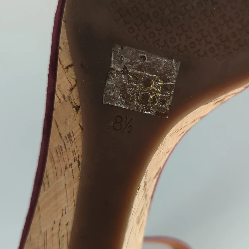 Tory Burch Savannah Suede Cork Wedge Purple 8.5 open toe summer preppy casual